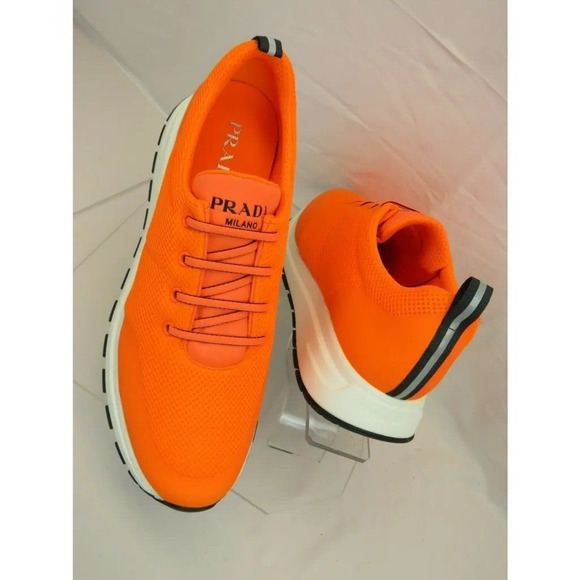 PRADA 4E3499 NEON ORANGE SPORT MESH BLACK LOGO LACE LOW TOP SNEAKERS 9 / US 10 - Picture 1 of 12